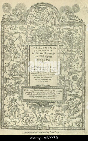 . Englisch: Titelseite des ersten englischen Sir Henry Billingsley's Version von Euklids Elementen, 1570. 1570. Charles Thomas-Stanford 1196 Titelseite der ersten englischen Sir Henry Billingsley's Version von Euklids Elementen, 1570 (560 x 900) Stockfoto