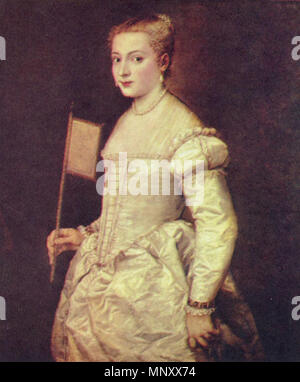 Englisch: Mädchen mit einem Ventilator (Dame in Weiß) English: Porträt einer Dame in Weiß ca. 1555. 1196 Tizian 072 Stockfoto