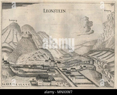 . English: Ansicht von leonstein (Oberösterreich, heute zu Grünburg) mit Talschloss Feichta (Schloss Leonstein) und der Burgruine Leonstein (heute nur noch wenige Reste). Der Fluss am rechten Rand ist die Steyr. Kupferstich von Georg Matthäus Vischer. 1674. Georg Matthäus Vischer (1628 - 1696) Alternative Namen Georg Mathias Vischer Beschreibung österreichischer Kartograph und Graveur Geburtsdatum / Tod 22. April 1628 vom 13. Dezember 1696 Ort der Geburt / Todes Wenns (Tirol, Südtirol) Linz Authority control: Q 86223 VIAF: 2771891 ISNI: 0000 0000 6659 9394 ULAN: 500091493 NLA: 35852058 GND Stockfoto