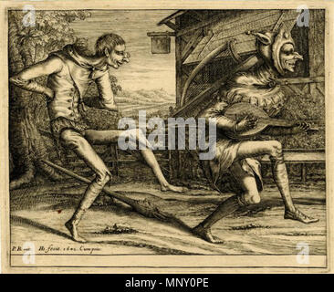 . Englisch: Zwei Narren Karneval; zwei Dummköpfe Tanz zur rechten während des Spielens und grinsend; hinter ihnen ein Gasthaus. 1642. Gravur nach Pieter Brueghel der Ältere. Drucken von Hendrik Hondius I. 1642 gemacht. Pieter Brueghel der Ältere 1209 zwei Narren Karneval Stockfoto