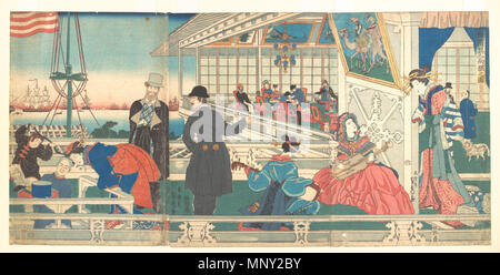 . Englisch: Wodblock drucken Triptychon der Ausländer, die in der geöffneten Hafen in Yokohama. 1861. Utagawa Sadahide Utagawa (Gountei) 1217 Sadahide (1861) Startseite von ausländischen Händlern in Yokohama Stockfoto