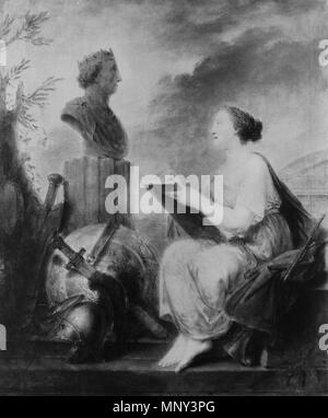 . Englisch: Bernhard Rode: Clio (1792) - fehlt, English: Bernhard Rode: Klio (1792) - verschollen vermutet verloren. "Der weiblichen Figur wurde eine Trompete zur Ruhmeskundgabe beigeordnet. Die Büste Friedrichs ist gemäß dem zeitgenössischen Kunstgeschmack mit' klassischem griechischem "Profil des Gesichts und dem Ansatz einer fibelgeschmückten Toga geschildert. Am Fuße des Säulenschaftes kannelierten werdener Minerva Waffen sowie das Attribut der Staatsklugheit, Steuerruder und Spiegel mit Umschlungener ab, präsentiert." Rainer Michaelis, Fridericiana. Christian Bernhardt Rode (1725-1795) Stockfoto