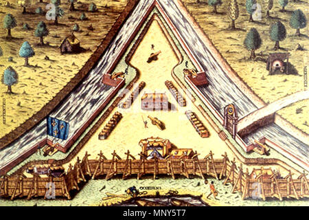 . Englisch: Farbige Gravur einer Blick auf Französisch Fort Caroline auf dem St. Johns River, von 'Brevis narratio eorum quae in Florida Americae acciderunt Provicia Gallis, Secunda in allam Navigatione" gestochen von Theodore de Bry (1528-98) und Frankfurt, 1591 veröffentlicht, nach einer Zeichnung von Jacques Le Moyne de Leichenhallen (1533-88). 16 März 2014, 19:17:29. Gemälde von Jacques Le Moyne de Leichenhallen, von Theodor de Bry 1234 Blick auf Fort Caroline eingraviert Stockfoto