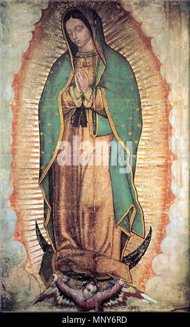 . Englisch: Die katholische Kirche sieht das Bild der Jungfrau von Guadalupe auf dem Umhang des Juan Diego als ein Bild von übernatürlichen Ursprungs geprägt. Español: La Iglesia Católica Berücksichtigung la Imagen de la Virgen de Guadalupe estampada en la tilma de Juan Diego como una imagen de origen sobrenatural. 12. Dezember 1531. La Iglesia Católica la Berücksichtigung una Imagen keine hecha por Manos Humanas. 1239 Virgen de Guadalupe 1531 Stockfoto