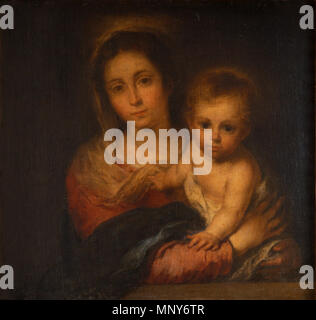 Virgen de la Servilleta. Español: Esta obra, conocida Como la Virgen de la Servilleta o la Virgen de Belén, es de Pequeño y tamaño muestra la Virgen María y al Niño Jesús, que Es llevado en Brazos por su Madre. Las Dos figuras Miran al espectador consiguiendo que parezca sienten que "Su presencia", como algunos afirman Autores, y no solamente por esas miradas, sino por la actitud del Niño, ya que Este" parece Creer abandonar los Brazos de La Madre para Pasar a los de la Persona que se Halla ante-se. . Zwischen ca. 1665 und ca. 1666. 1240 Virgendelaservilleta Stockfoto