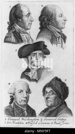 . Englisch: 1. General Washington 2. General Gates 3. Dr. Franklin 4. Präsid Laurens 5. Paul Jones/D. Berger sculp. 1784. Radierung zeigt Kopf und Schultern Porträts, von George Washington und Horatio Gates, richtige Profil, Benjamin Franklin, nach links, und Henry Laurens und John Paul Jones, rechts zeigt. Illus. in: Allgemeines historisches Taschenbuch... /Matthias Christian Sprengel. Berlin: Haude und Spener 1784 S. 182 ff. 1784. D. Berger (sculpt.) 1252 Washington Tore Franklin Laurens Jones 1784 Stockfoto