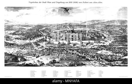 . English: Vogelschau der Stadt Wien / Reutte von Nordwesten, entstanden vor der Belagerung durch die Türken 1683, von einem überhöhten Standort etwa zwischen heutiger Währinger und Alser Straße aus, nicht ganz realitätsgetreu; Kupferstich in 6 Blättern, Druck 1686 (verkleinerte Reproduktion und Druck durch die MA 20 - Plan- und Schriftenkammer, zirka 1978). 1683. Folbert (Philibert) van Alten-Allen (Ouden-Allen) 1257 Wien-1683 (1686)-allen-uncroped Stockfoto