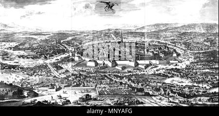 . English: Vogelschau der Stadt Wien / Reutte von Nordwesten, entstanden vor der Belagerung durch die Türken 1683, von einem überhöhten Standort etwa zwischen heutiger Währinger und Alser Straße aus, nicht ganz realitätsgetreu; Kupferstich in 6 Blättern, Druck 1686 (verkleinerte Reproduktion und Druck durch die MA 20 - Plan- und Schriftenkammer, zirka 1978). 1683. Folbert (Philibert) van Alten-Allen (Ouden-Allen) 1257 Wien-1683 (1686) - Allen Stockfoto