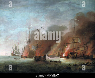 Deutsch: Das Brennen der Französischen Flaggschiff Soleil Royal in Cherbourg Bucht im Laufe der Langwierigen Schlacht von La Hogue, 22.-24. Mai 1692 Français: L'incendie des vaisseaux Français dont le navire Amiral le Soleil Royal dans la Baie de Cherbourg au Cours de la longue Bataille de La Hougue, 22 au 24 mai 1692: het Nederlands branden van de Franse vlaggenschip Soleil Royal in Cherbourg Bay tijdens de strijd langdurige van La Hogue, 22. Mei 1692 zwischen 1692 und 1707. 1261 Willem van de Velde de Jonge - Het branden van de Franse vlaggenschip Soleil Royal in Cherbourg Bay tijdens de langdurige Stockfoto
