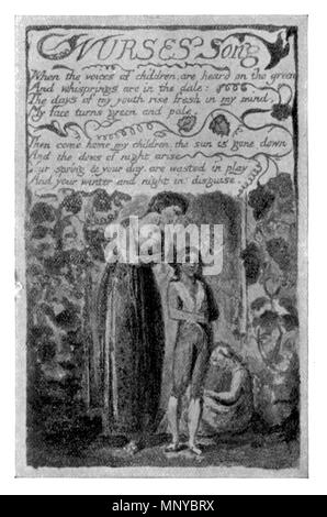 . Abbildung extrahiert aus Seite 22 von William Blake, der Maler und Dichter von Richard Garnet Verlag: London, Seeley. Die Beschriftung, die für die Transkription entfernt, war "aus einem farbigen Kopie der "Songs von Unschuld und Erfahrung." British Museum..", die Platte ist für das Gedicht "Krankenschwestern Song'. 1895. William Blake (1757 - 1827) Alternative Namen W. Blake; Uil" iam Bleik Beschreibung britische Maler, Dichter, Schriftsteller, Theologe, Sammler und Graveur Geburtsdatum / Tod 28. November 1757 12. August 1827 Ort der Geburt / Todes Broadwick Street Charing Cross Standort London Authority contr Stockfoto