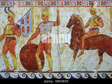 . Italiano: Affresco di una Tomba sannitica rinvenuta ein Nola (nicht Paestum!), già facente Parte della Collezione del Duca Carafa di Noja, oggi nel Museo Archeologico Nazionale di Napoli (Inv. nr. 9363). [Tomba Weege 30]. Mostra Il ritorno di Guerrieri sanniti dalla Battaglia. Englisch: samnite Soldaten aus einem Grab Fresko aus Nola, 4. Jahrhundert v. Chr.. Museo Archeologico Nazionale di Napoli (Inv. nr. 9363). 4. vorchristlichen Jahrhundert. Anonym 4. Jahrhundert v. Chr. Maler 1088 Samnite Soldaten aus einem Grab Fries in Nola 4. Jahrhundert v. Chr. Stockfoto