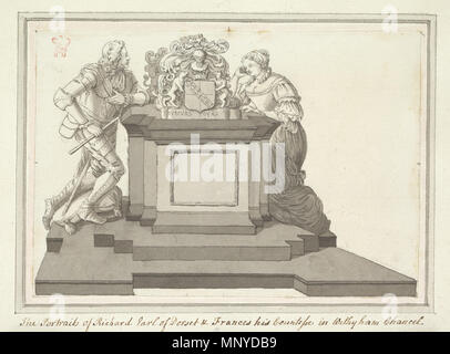 Der Sackville Denkmal in Withyham Kirche. Englisch: Tinte Zeichnung des Denkmals im Chor von St. Michael Pfarrkirche, Withyham, East Sussex, Richard Sackville, Graf von Dorset, und von seinem Sohn Thomas Sackville. 1783. 1270 Der Sackville Denkmal in Withyham Kirche von Samuel Hieronymus Grimm 1783 Stockfoto