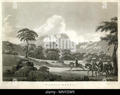 . Englisch: Artist: Allan, Sir Alexander (1764-1820) Medium: aquatinta Datum: 1794 Dieses farblosen Aquatinta ist von Platte 7 Der Kapitän Alexander Allan's "Ansichten in der Mysore Land'. Allan Hudedurg beschrieben als "eine wallburg Kommandierenden der Kopf einer Pass von den gleichen Namen (manchmal auch als Policode Pass, von einer Stadt mit dem Namen am Fuß von ihm) wurden die wichtigsten Pass in den Ländern, und die Gleichen durch die Haider im Jahr 1780 stammt, wurde durch den Feind auf dem Ansatz der Armee evakuiert und am 22. Juli 1791 belegt von einem britischen Garnison, in deren Besitz blieb es bis Stockfoto