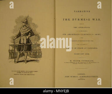 . অসমীয়া: ইয়ান্ডাবু সন্ধি Englisch: Frontispiz und Titel Seite der Erzählung des birmanischen Krieg, in dem die Operationen der allgemeinen Archibald Campbell's Army, von der Landung in Rangun im Mai 1824, die zum Abschluss eines Vertrages von Frieden Yandaboo, im Februar 1826 von Major Snodgrass, militärischen Sekretärs der Kommandant der Expedition und Assistent politische Agent in Ava. Zweite Ausgabe. London, John Murray, 1827. Frontispiz Bildunterschrift: 'Meeting der Britischen und der burmesischen Kommissare bei Neoun-ben-Zeik. Principal Abbildung, die Kee-wongee.". 1827. Major John James Snodgrass (1796 - 1 Stockfoto