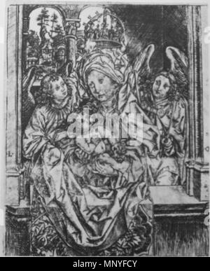 . Madonna und Kind in einem Fenster von zwei Engeln gekrönt, Ca. 1500. Gravur. ca. 1500. Master L. in der Cz. (Anonym deutscher Graveur) 840 Madonna und Kind in einem Fenster gekrönt von zwei Engeln LCZ Stockfoto