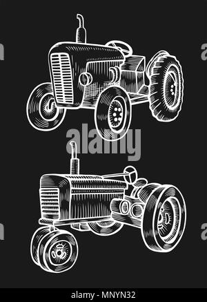Radtraktor in Vintage graviert Stil. Vektor hand gezeichnete Bild auf schwarzem Hintergrund isoliert. Stock Vektor