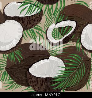 Kokosnuss, ganze Stücke mit Palmblättern auf weißem Hintergrund. Bunte botanischen vector Abbildung. Vintage tropic Design Stock Vektor