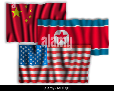 USA, China und Nordkorea Flags. Wehenden Fahnen der Vereinigten Staaten von Amerika, China und Nordkorea zusammen auf weißem Hintergrund Stockfoto