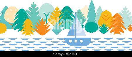 Flache cartoon Landschaft mit Wald, Wasser und Segelboot, auf weißem Hintergrund mit Platz für Ihren Text isoliert-Vektor Stock Vektor