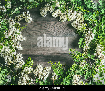 Weisse Akazienblüten, Blumen Rahmen auf rustikalen Holzmöbeln Hintergrund, Ansicht von oben. Stockfoto