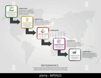 Vector Illustration. Eine Infografik Vorlage mit 5 Stufen und ein Bild von fünf Plätze und Pfeile. Verwenden Sie für geschäftliche Präsentationen, Bildung, Web desi Stock Vektor