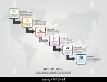 Vector Illustration. Eine Infografik Vorlage mit 6 Schritten und ein Bild von sechs Plätzen und Pfeile. Verwenden Sie für geschäftliche Präsentationen, Bildung, web Desig Stock Vektor
