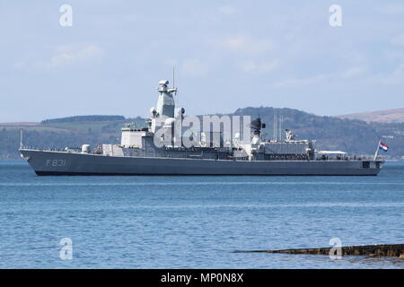 HNLMS Van Amstel (F831), Karel Doorman-Klasse (oder M-Klasse) Fregatte der niederländischen Marine betrieben, aus Largs während der Übung gemeinsame Krieger 18-1. Stockfoto