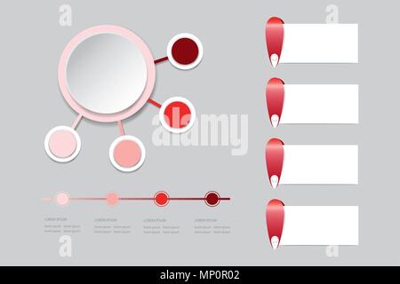 Moderne infograph Labels als Kreis mit vier kleine Kreise im Schatten der roten Farbe um. Sie können mit einem anderen Rechtecke und Timeline bereit für Ihre Stock Vektor