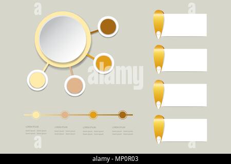 Moderne infograph Labels als Kreis mit vier kleine Kreise im Schatten der gelben und braunen Farben um. Sie können eine andere Rechtecke und Zeitachse verwenden r Stock Vektor