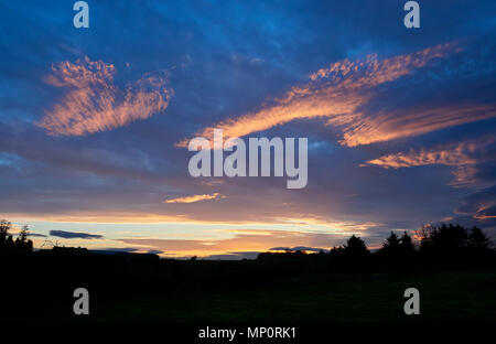 Eine dramatische Anfang Sommer Sonnenuntergang an der nordöstlichen Küste von Schottland, mit Multi Layer Wolken, einige, die roten Drehen sind von der Sonnen Strahlen. Schottland. Stockfoto