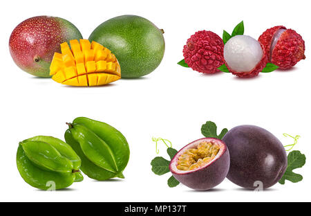 Sammlung von exotischen Früchten auf weißem Hintergrund Stockfoto