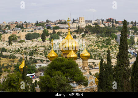 Die goldenen Dächer der Türme auf der alten russischen Orthodoxen Kirche in der Stadt Jerusalem in Israel vom Ölberg gesehen Stockfoto