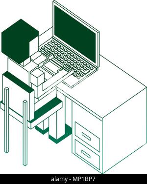 Mann sitzt am Schreibtisch und zurück das Arbeiten am Computer Ansicht Isometrische Stock Vektor