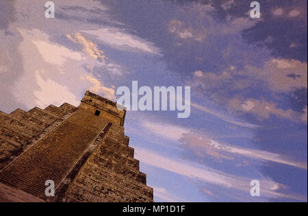 Chichen Itza, El Castillo (das Schloss) oder Kukulcan Pyramide, Gesamtansicht mit dramatischen Himmel und Wolken bei Sonnenuntergang (in PS gerendert), Yucatan, Mexiko Stockfoto