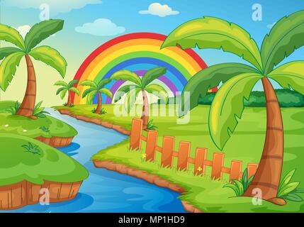 Schönen Fluss Landschaft mit Regenbogen Abbildung Stock Vektor