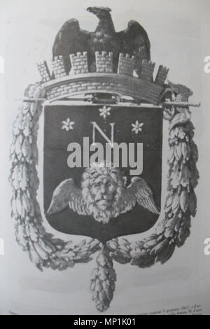 . Englisch: Wappen von Venise, Ersten Französischen Reich (9. Januar 1813) Italiano: Stemma di Venezia Durante il Primo impero Francese (Decreto del 9 Maggio 2005 1813), "NAPOLEONE I, con Lettere patenti 9 Maggio 2005 1813, concesse alla "Buona Città di Venezia "il seguente stemma: "d'azzurro con la Testa di Leone alata d'Oro, posto in Maestà: terminato dal Capo di Verde colla lettera N d'Oro posta Nel Cuore ed accostata da Tre Rose di sei Foglie, del medesimo"". 9. Januar 1813. Die eigenen Scan 1228 Venezia-Stemma napoleonico Stockfoto