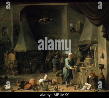 In einem Labor mit einem Alchimisten des 17. Jahrhunderts. 672 Innenraum ein Labor mit einem Alchimisten des 17. Jahrhunderts David Teniers II. Stockfoto