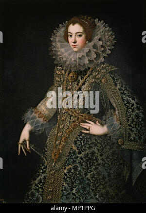 La Reina Isabel de Borbón. Español: Retrato de la Reina Isabel de Borbón (1602-1644), Que fue hija del rey Enrique IV de Francia y La primera esposa del rey Felipe IV de España. El Estilo de Este pintor anónimo se relaciona Con Los retratistas de la segunda Mitad del s. XVI e inicios del XVII: Antonio Moro, Sánchez Coello o Pantoja de la Cruz, caracterizado por la filigrana de los vestidos, la Fuerte iluminación empleada y la 47 79 Al rostro y las Manos. Su atribución Resulta complicada, considerando Allende-Salazar que podría tratarse de un retrato ejecutado por Angelo Nardi, Pintor ital Stockfoto