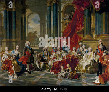 Spanisch: La Familia de Felipe V der Familie von Philip V. Español: La Obra muestra Ein los Angemeldet bleiben de La Familia del rey Felipe V de España (1683-1746), Que fue Nieto del rey Luis XIV de Francia y el Primer monarca de La Casa de Borbón en España. . 1743. 783 La Familia de Felipe V (Van Loo) Stockfoto