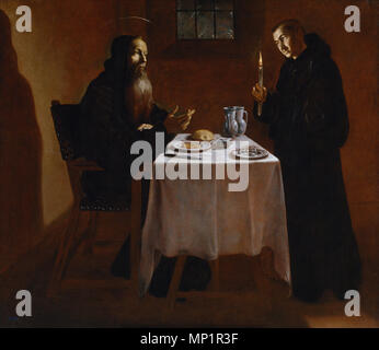 La cena de San Benito. Español: La Obra Vertreter einer San Benito de Nursia, fundador de la Orden de los benedictinos, sentado a la Mesa y cenando en Compañía de otro religioso. . 17. Jahrhundert. 749 Juan Rizi-San Benito Stockfoto