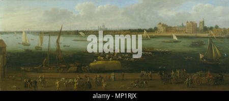 Ein Panoramablick von Lambeth Palace in der Themse gesehen mit Figuren in den Vordergrund und St. Paul's Cathedral in der Ferne. ca. 1709-1718. 698 Jan Griffier - Ansicht der Lambeth Palace in Thames Stockfoto
