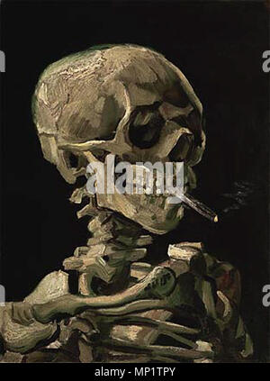 Schädel eines Skelett mit brennende Zigarette. Englisch: Vincent Van Gogh - Totenkopf mit Zigarette 1886.jpg. 1886. 1128 Schädel &Amp; Zigarette Stockfoto
