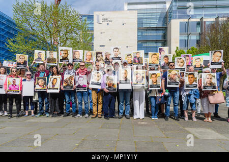 Belfast, Nordirland, 19/05/2018 - Irland Palästina Kampagne der Solidarität halten einer Demonstration gegen die Ermordung von 53 unbewaffnete Palästinenser im besetzten Israel Wer ist gegen Präsident Trump Entscheidung der Amerikanischen Botschaft in Israel zu Jerusalem bewegen protestierten. Stockfoto