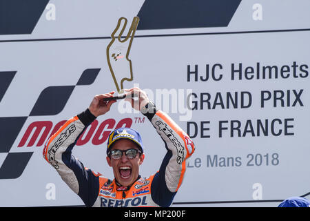 Maine, Frankreich. 20. Mai 2018. Le Mans Bugatti Grand Prix Rennstrecke, Maine, Frankreich; HJC Helme Grand Prix de France, Französisch MotoGP Le Mans, Sonntag Rennen Tag; Marc Marquez (Repsol Honda) Credit: Aktion Plus Sport Bilder/Alamy leben Nachrichten Stockfoto