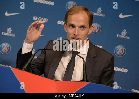 Paris, Frankreich. 21 Mai, 2018. Neuer Head Coach der PSG Thomas Tuchel während der Pressekonferenz von Paris Saint Germain im Parc des Princes gesehen. Credit: Nicolas Briketts/SOPA Images/ZUMA Draht/Alamy leben Nachrichten Stockfoto