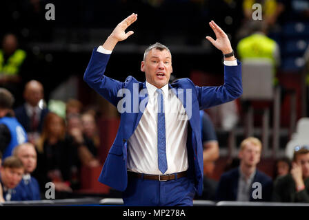 Belgrad. 20 Mai, 2018. Zalgiris' Head Coach Sarunas Jasikevicius reagiert während der euroleague Final 4 Basketball Spiel in Belgrad, Serbien am 20. Mai 2018. Zalgiris besiegte CSKA Moskau 79-77 und behauptet den dritten Platz. Credit: Predrag Milosavljevic/Xinhua/Alamy leben Nachrichten Stockfoto