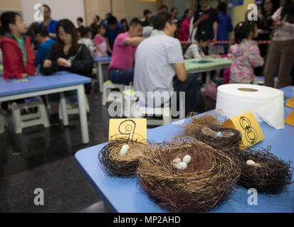 (180521) - Peking, 21. Mai 2018 (Xinhua) - Kinder machen Vogelnester mit ihren Eltern auf einer wissenschaftlichen Karneval in Peking, der Hauptstadt von China, 20. Mai 2018. Viele Eltern nahmen ihre Kinder an Wissenschaft und Technik Aktivitäten während der nationalen Wissenschafts- und Technologiewoche 2018, das am 19. Mai. (Xinhua / Jin Liwang) (ly) Stockfoto