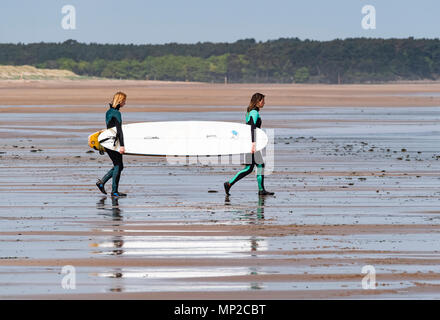 Zwei weibliche Surfer tragen Surfbretter zu Meer bei Belhaven Strand, East Lothian, Schottland, Vereinigtes Königreich Stockfoto