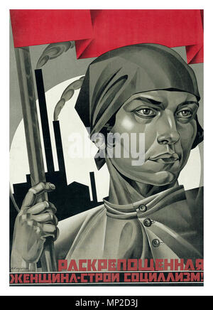 Jahrgang 1920 Sowjetunion UDSSR russische Propaganda Poster "emanzipierte Frau - Aufbau des Sozialismus! ". 1926. Russische Revolution Propaganda sowjetischen Trotzki Grafik revolutionäre Kunst von Adolf Strakhov, illustriert eine Arbeiterin, die eine rote Flagge mit Industrial Szene im Hintergrund, Strakhov porträtiert die politisierten Frau Arbeiter, der als integraler Bestandteil des Klassenkampfes. Sowjetischen kommunistischen Politik, die überwiegend von Männern entschieden, gegen die Idee der Befreiung Bewegung ist eine unabhängige Frauen. Stockfoto