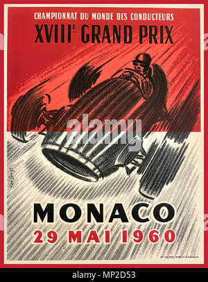 Vintage Poster 60er Grand Prix von Monaco Stirling Moss, der 1960 beim Grand Prix von Monaco war ein Formel-1-Rennen in Monaco am 29. Mai 1960 wurde das Rennen von Stirling Moss in einem Lotus 18 durch das R.R.C Walker Racing Team gewonnen. Es war die erste Weltmeisterschaft F1 Sieg für die Marke Stockfoto